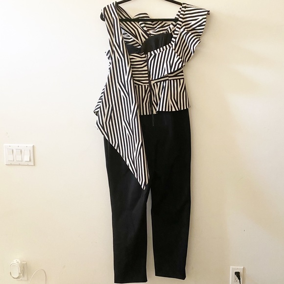 Self-Portrait Asymmetrical Ruffle Striped Jumpsuit - Picture 5 of 11